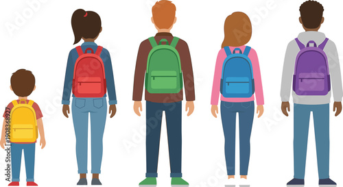 Back view of group of diverse students with backpacks walking to school, education concept vector illustration of different kids