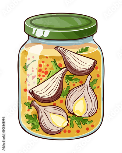 Glass jar containing pickled garlic cloves and onions with herbs for a flavorful kitchen condiment - Vector Illustration