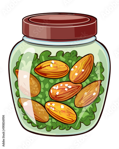 Glass jar filled with fresh almonds and green leaves for healthy snack storage and preservation - Vector Illustration