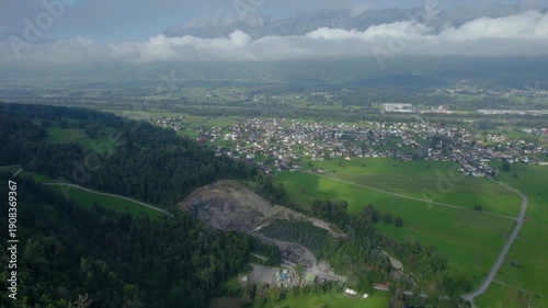 Aerial view around the mountains in Liechtenstein on a cloudy summer morning