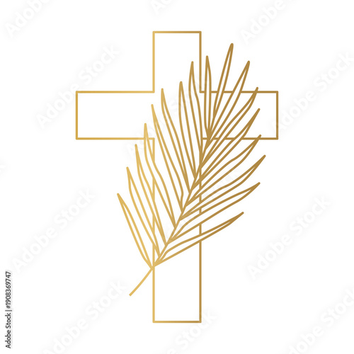 golden cross with palm leaf, Easter and Palm Sunday celebration symbol, religious spring faith concept for church design, posters and spiritual projects- vector illustration