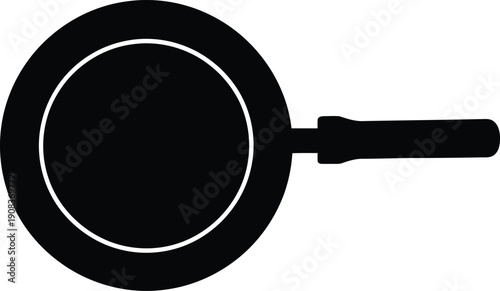 A black frying pan with handle viewed from directly above on a white background in a kitchen