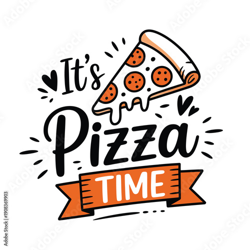 A colorful illustration of a pizza slice with playful lettering and decorative elements