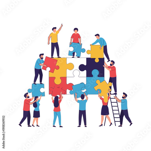 Teamwork assembling a large jigsaw puzzle, collaboration, business success, strategy, problem solving