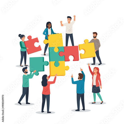 Diverse team assembling puzzle pieces, teamwork, collaboration, success, business concept