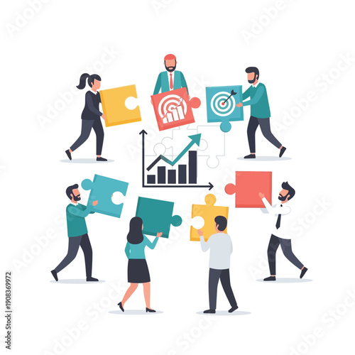 Teamwork assembling puzzle pieces around a business growth chart, strategy and goals