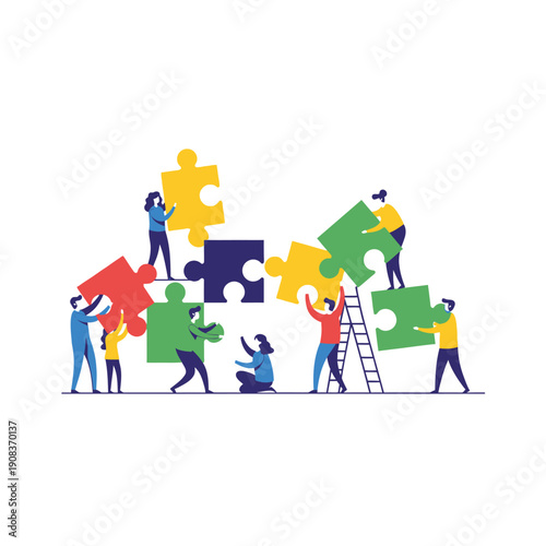 Teamwork assembling jigsaw puzzle pieces, collaboration and problem solving concept