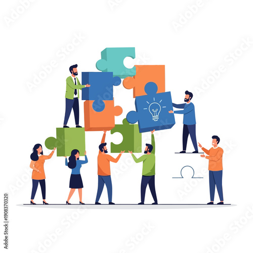 Teamwork assembling puzzle pieces with lightbulb idea, business collaboration and strategy concept