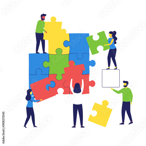 Teamwork building puzzle, people collaborating to complete a complex task, strategy and solution