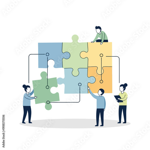 Teamwork assembling colorful jigsaw puzzle pieces, collaboration and strategy concept