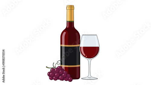 Wine Bottle and Glass with Grapes.