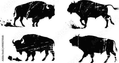 buffalo silhouette set with grunge texture effect wild american bison illustrations in various poses