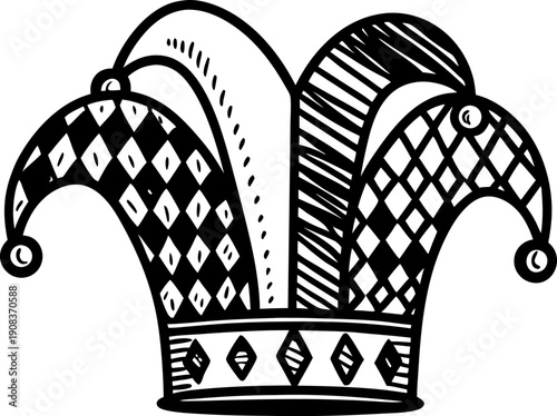 Illustration of a jester hat with diamond patterns and bells in black and white