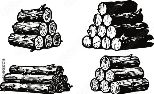 Hand drawn wooden logs stacked pile set timber wood trunks in black and white sketch natural construction fuel resource illustrations