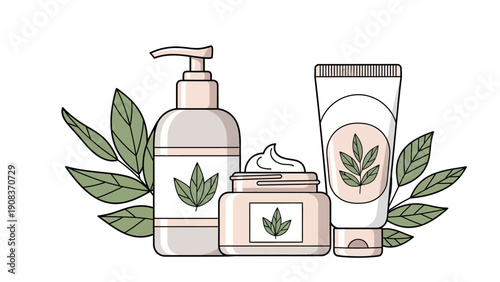 Illustration of Cosmetic Products with Leaves.