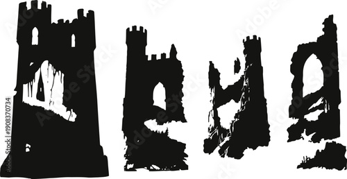 ancient stone castle towers silhouette against white background