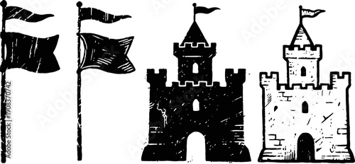 black and white hand drawn flags and medieval castle towers with flags on top vintage sketch illustration