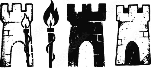 medieval castle towers and flaming torch silhouette set old stone fortress elements for heraldic and fantasy design