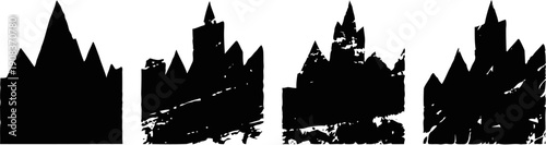 Silhouettes of urban castle towers with spires and turrets at sunset or dawn background