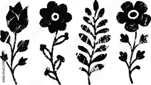 black floral silhouettes with distressed texture vintage flowers and leaves in simple botanical design
