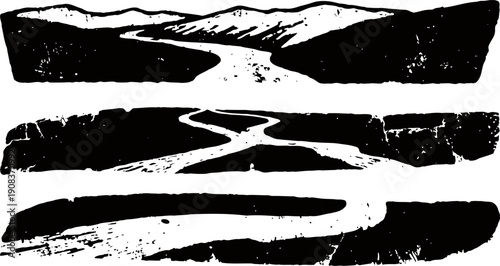 Abstract black and white landscape woodcut with hills and winding rivers or roads