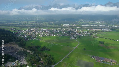 Aerial view around the mountains in Liechtenstein on a cloudy summer morning