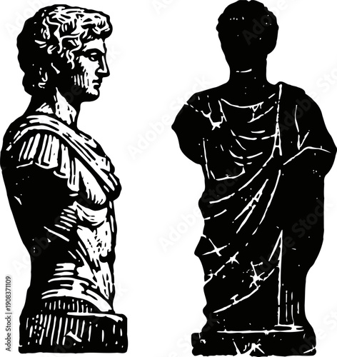 Classical roman bust and statue illustration in vintage black and white engraving