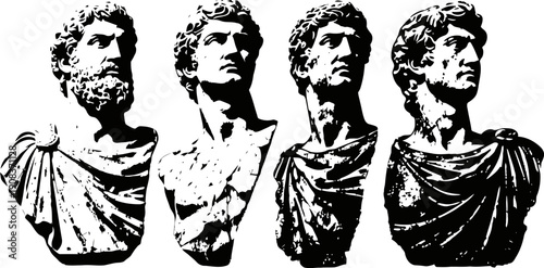 Classical roman bust sculptures of men with detailed hair and draped clothing in white and black marble