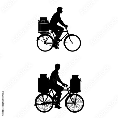 Cycling with Milk Cans Silhouette - Vector Traditional Dairy Delivery and Rural Transport Set