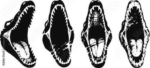 black and white alligator jaws with open mouth silhouettes in different perspectives
