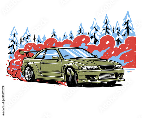 Extreme Retro Style Drift Car Illustration, Green JDM Sport Coupe graphic for T-Shirt or Poster design, Vintage Grunge Automotive Racing Vector