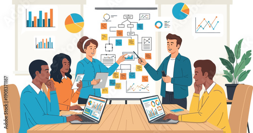 Diverse team members collaborate on a complex flowchart presentation during a corporate strategy meeting.