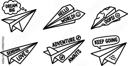 Hand drawn paper planes with inspirational motivational phrases and emojis  symbols of hope and encouragement