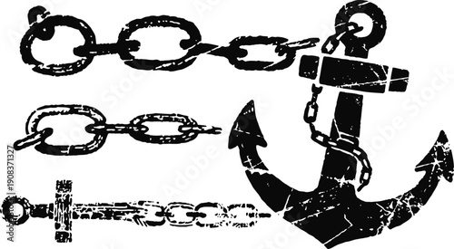 grunge black anchor and chain silhouettes isolated on white background