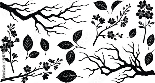 Black Cherry Blossom Silhouette Set with Sakura Flowers, Spring Branches, and Individual Leaves for Elegant Floral Vector Design Elements