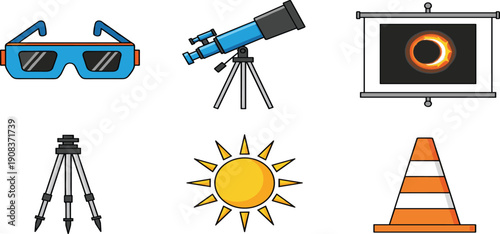 Vector Illustration Set of Astronomy Equipment Featuring a Telescope Solar Eclipse Glasses Projection Screen Tripod Sun Icon and Traffic Cone for Science and Observation