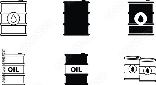 Oil barrels labeled petroleum containers icons set line art vector illustrating fuel storage industrial drum symbols