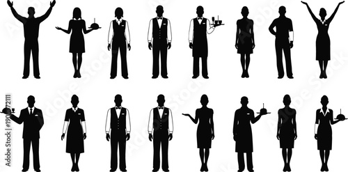 Black vector silhouette set featuring sixteen professional restaurant servers, waiters, and hospitality staff in various service poses