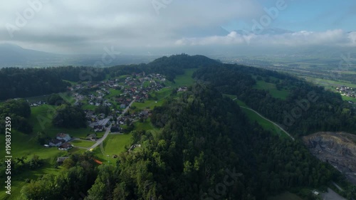 Aerial view around the mountains in Liechtenstein on a cloudy summer morning