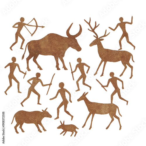 Ancient hunters with bows and spears stalking deer and bulls in a prehistoric landscape scene 11