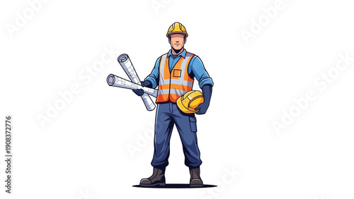 Construction Worker Wearing Hard Hat and Vest.