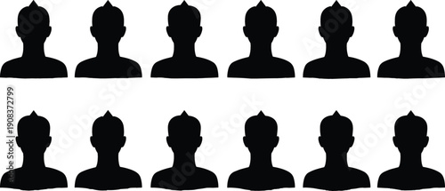 Set of twelve identical black vector male profile silhouettes for user avatars, account icons, and digital interface design