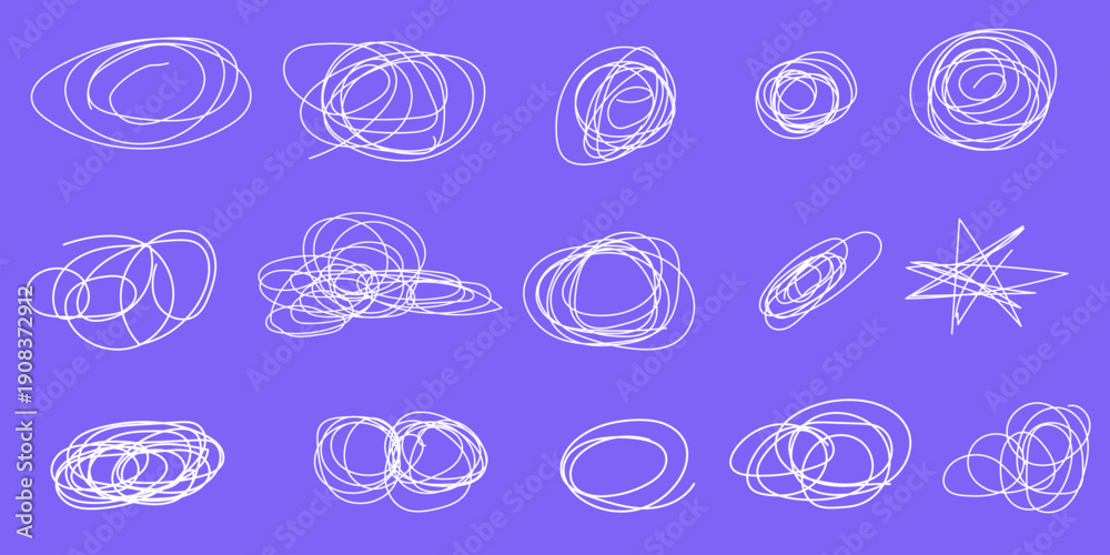 Obraz premium Messy pen scratch scribble circles set in blue ink