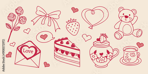 a cute, hand-drawn style illustration in soft reddish-pink tones, featuring a sweet collection of romantic and girly elements