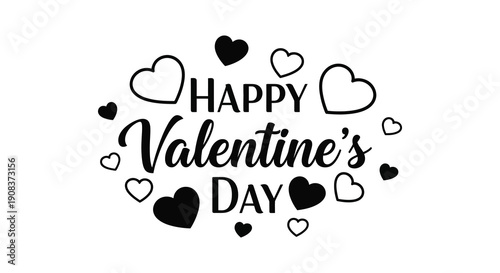 A simple black and white graphic displays the words happy valentine s day surrounded by scattered heart shapes
