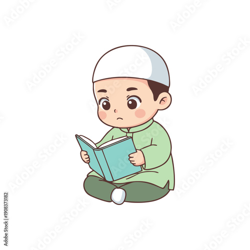 Delightful illustration of a young Muslim boy in traditional attire, earnestly reading a religious book, symbolizing devout spiritual education and peaceful contemplation