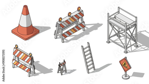 Construction Safety Equipment and Barriers Illustration.