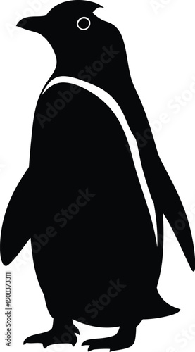 Penguin standing alone in a simple, graphic illustration of a penguin, standing upright, showcasing its silhouette profile