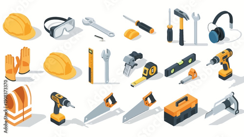 Assorted Construction Tools and Safety Equipment.