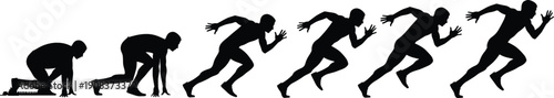 Black vector silhouette set showing the sequential stages of a runner starting a sprint from blocks to full motion